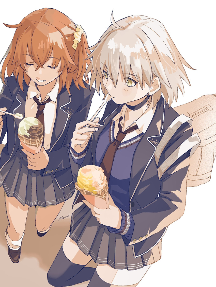 2girls ahoge bag black_choker black_jacket black_necktie black_thighhighs blazer choker closed_eyes collared_shirt eating fate/grand_order fate_(series) food from_above fujimaru_ritsuka_(female) grey_skirt grey_sweater hair_ornament hair_scrunchie highres holding holding_food holding_ice_cream holding_ice_cream_cone holding_spoon huwamo9_8ku ice_cream ice_cream_cone jacket jeanne_d'arc_alter_(fate) loafers long_sleeves medium_hair multiple_girls necktie official_alternate_costume one_side_up open_clothes open_jacket orange_hair pleated_skirt school_bag school_uniform scrunchie shadow shirt shoes short_hair skirt socks soft_serve spoon sweater thigh-highs v-neck waffle_cone white_hair white_shirt white_socks yellow_eyes yellow_scrunchie