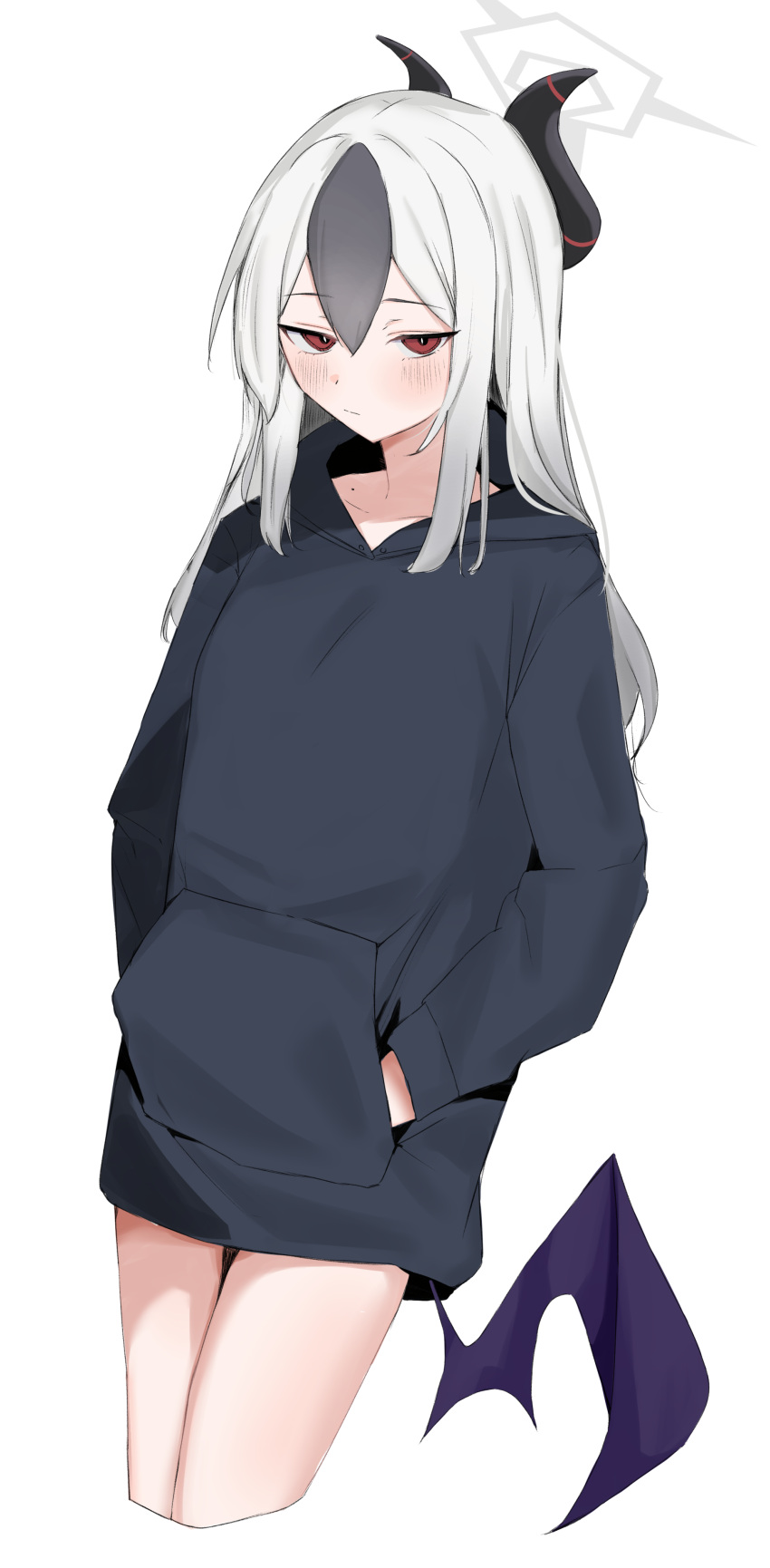 1girl absurdres black_hair black_hoodie black_horns blue_archive blush closed_mouth cowboy_shot cropped_legs demon_horns demon_wings grey_hair grey_halo hair_between_eyes halo highres hood hood_down hoodie horns kayoko_(blue_archive) long_hair long_sleeves looking_at_viewer multicolored_hair red_eyes showtime775 simple_background single_wing solo white_background wings