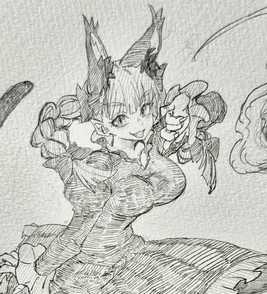 1girl animal_ears braid breasts cat_ears cat_girl commentary_request dress extra_ears highres kaenbyou_rin large_breasts long_hair long_sleeves looking_at_viewer nekomata pointy_ears slit_pupils solo tenkatorouze touhou traditional_media twin_braids