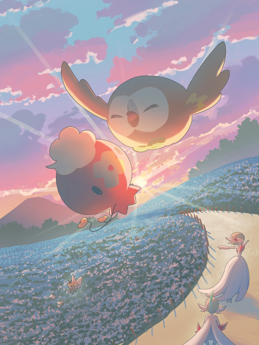 absurdres closed_eyes clouds commentary_request cutiefly drifloon flower flying gallade gardevoir highres mokukitusui open_mouth outdoors outstretched_arms path pokemon pokemon_(creature) ribombee rowlet sky