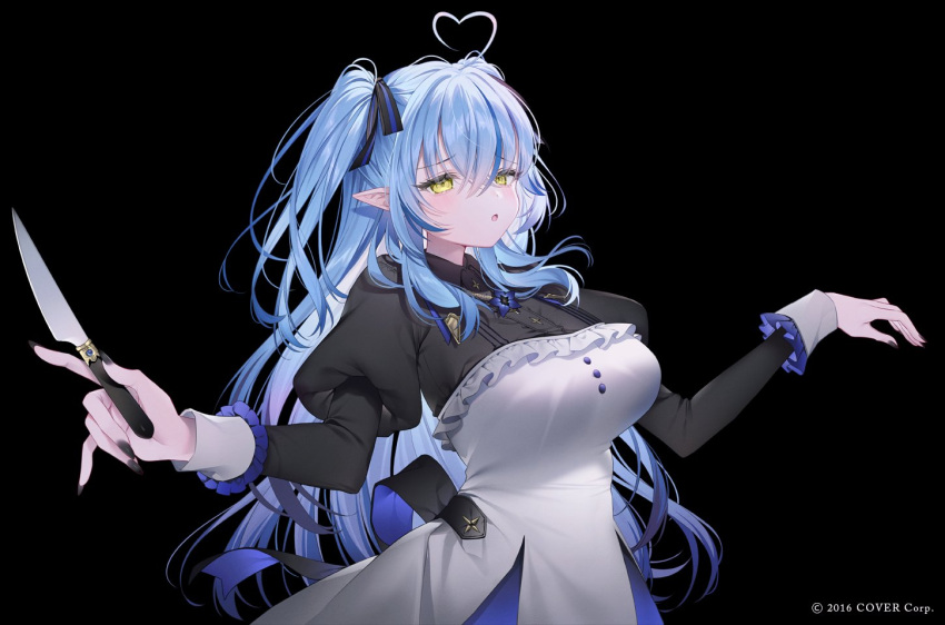 1girl ahoge alternate_costume alternate_hairstyle black_dress black_nails blue_hair breasts collared_dress crossed_bangs double-parted_bangs dress frilled_dress frills hair_between_eyes heart heart_ahoge holding holding_knife knife large_breasts long_hair long_sleeves looking_at_viewer loveit?_(biz) mnimni multicolored_clothes multicolored_dress multicolored_hair open_mouth pointy_ears puffy_sleeves sidelocks sleeve_cuffs solo standing streaked_hair two_side_up very_long_hair white_dress yellow_eyes yukihana_lamy