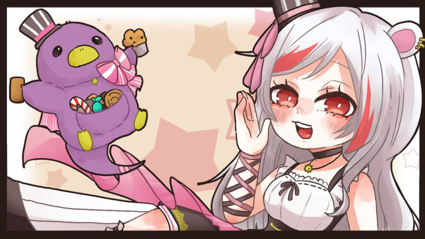 1girl 1other :d aoikatze blush bow breasts bright_pupils brown_ribbon candy candy_cane choker cookie ear_piercing food hand_up hat hedgehog_ears hedgehog_girl holding holding_food indie_virtual_youtuber jewelry long_hair looking_at_viewer medium_breasts mini_hat mini_top_hat mochizuki_toki muffin multicolored_hair necklace open_mouth piercing pink_bow red_eyes redhead ribbon simple_background sleeveless smile star_(symbol) streaked_hair teeth tongue top_hat upper_teeth_only white_hair white_pupils