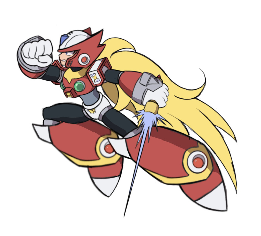 1boy android armor blonde_hair chest_jewel clenched_hand clenched_teeth commentary_request energy_sword forehead_jewel from_side full_body helmet highres holding holding_sword holding_weapon long_hair male_focus mega_man_(series) mega_man_x_(series) red_armor red_helmet shoulder_armor shoyu-z simple_background solo sword teeth weapon white_background z_saber zero_(mega_man)