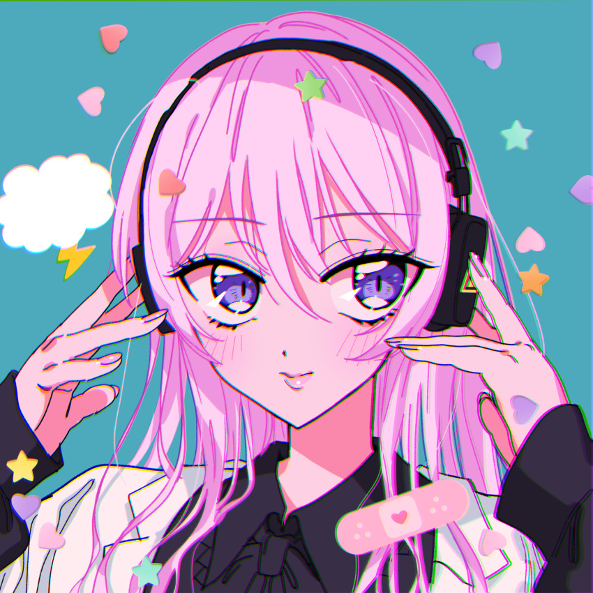 1girl bandaid black_shirt blue_background blush chromatic_aberration closed_mouth collared_shirt commentary_request hair_between_eyes headphones heart highres long_hair long_sleeves looking_at_viewer marshall_maximizer_(cevio) megurine_luka pink_hair project_sekai shirt simple_background sleeves_past_wrists sodapop_(iemaki) solo star_(symbol) upper_body variant_set violet_eyes vocaloid