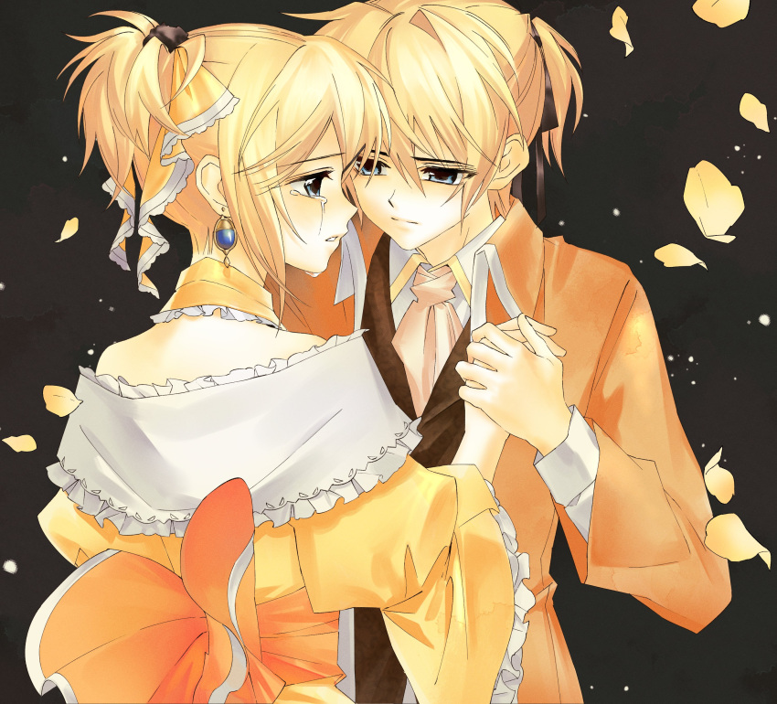 1boy 1girl absurdres aku_no_meshitsukai_(vocaloid) aku_no_musume_(vocaloid) allen_avadonia ascot black_background black_ribbon blonde_hair blue_eyes bow choker closed_mouth collared_jacket collared_shirt comforting crying crying_with_eyes_open dress dress_bow dress_ribbon earrings evillious_nendaiki eye_contact face-to-face falling_petals frilled_bow frilled_choker frilled_dress frilled_sleeves frills hair_between_eyes hair_bow hair_ribbon half-closed_eyes high_ponytail highres holding_hands hynn0x_x jacket jewelry kagamine_len kagamine_rin looking_at_another off-shoulder_dress off_shoulder orange_ascot orange_jacket orange_ribbon parted_lips petals ribbon riliane_lucifen_d'autriche shirt short_ponytail sidelocks streaming_tears swept_bangs tears updo vocaloid wide_sleeves yellow_bow yellow_choker yellow_dress