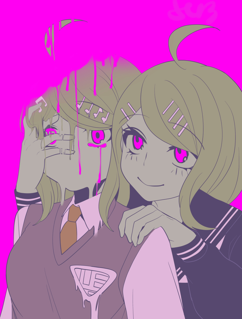 2girls 345_myk absurdres ahoge akamatsu_kaede blonde_hair blush closed_mouth collared_shirt danganronpa_(series) danganronpa_v3:_killing_harmony dual_persona grey_shirt hair_ornament hairclip hand_on_another's_face hand_on_another's_shoulder hands_up highres long_hair multiple_girls musical_note musical_note_hair_ornament necktie official_alternate_costume orange_necktie pink_eyes shirt smile sweater_vest