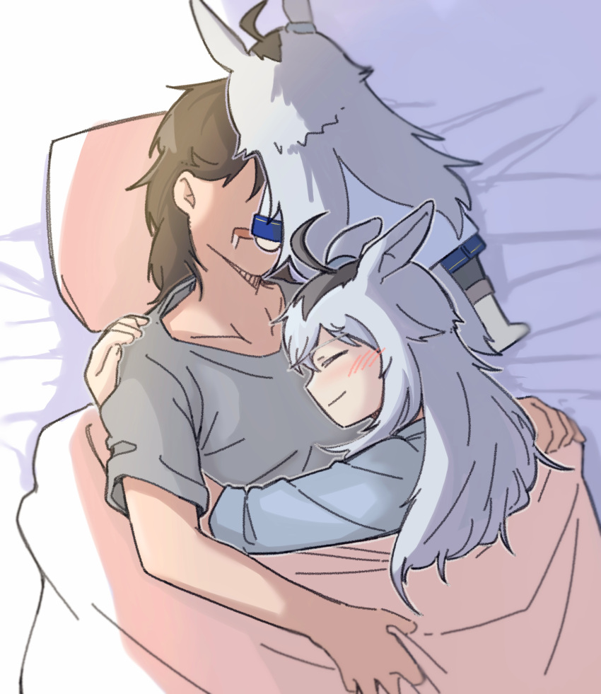 1boy 1girl absurdres ahoge animal_ears bed bed_sheet blanket closed_eyes closed_mouth collarbone commentary_request couple drooling female_trainer_(umamusume) food grey_hair hair_between_eyes highres horse_ears horse_girl hug korean_commentary long_hair lying mouth_drool multicolored_hair oguri_cap_(umamusume) on_bed pillow pink_blanket seung-aeja shirt short_hair short_sleeves sleeping smile stuffed_toy tail trainer_(umamusume) umamusume upper_body white_hair
