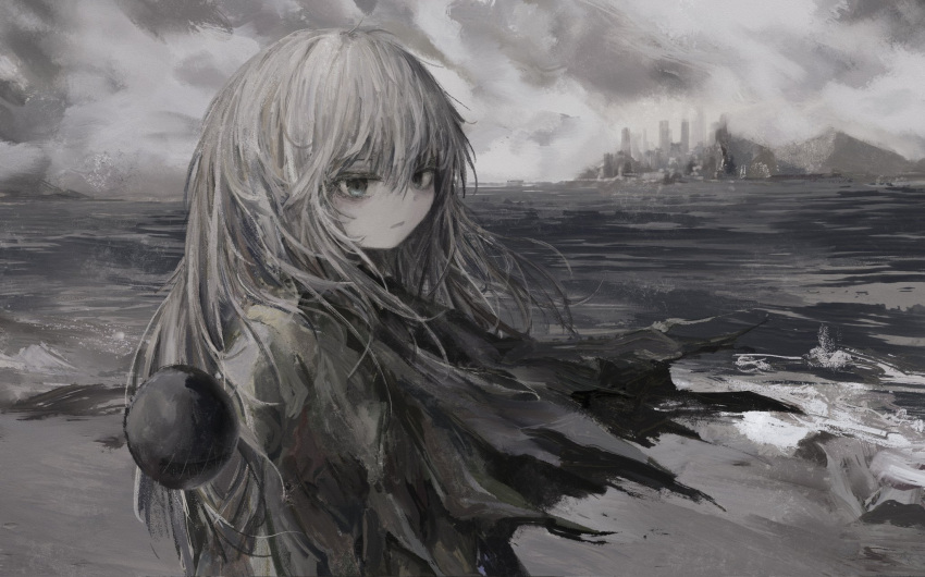 1girl beach closed_mouth clouds cloudy_sky from_side grey_eyes grey_hair highres komeiji_koishi long_hair looking_at_viewer looking_to_the_side mountainous_horizon muted_color outdoors reverinth sky solo torn_clothes touhou upper_body water wind