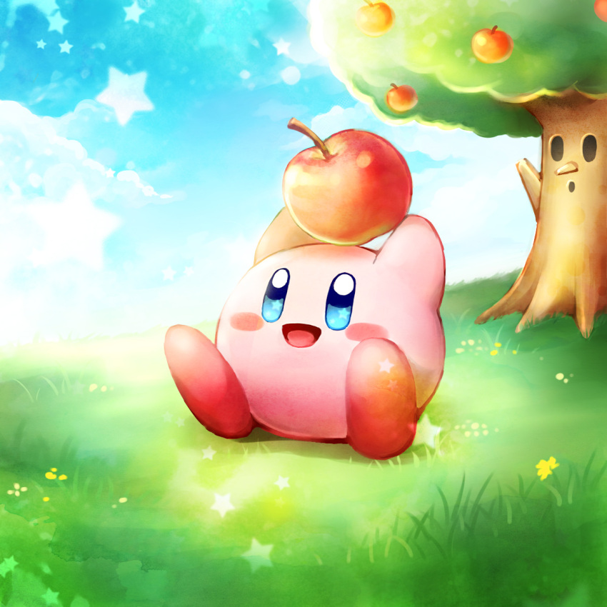 1boy 1other :d :o apple blue_eyes blush_stickers clouds cloudy_sky colored_skin commentary_request flower food fruit grass holding holding_food holding_fruit kirby kirby's_dream_land kirby_(series) no_humans pink_skin pointy_nose red_footwear sky smile solid_oval_eyes star_(sky) star_(symbol) star_in_eye symbol_in_eye tree whispy_woods yellow_flower yume_utsutsu_(artist)