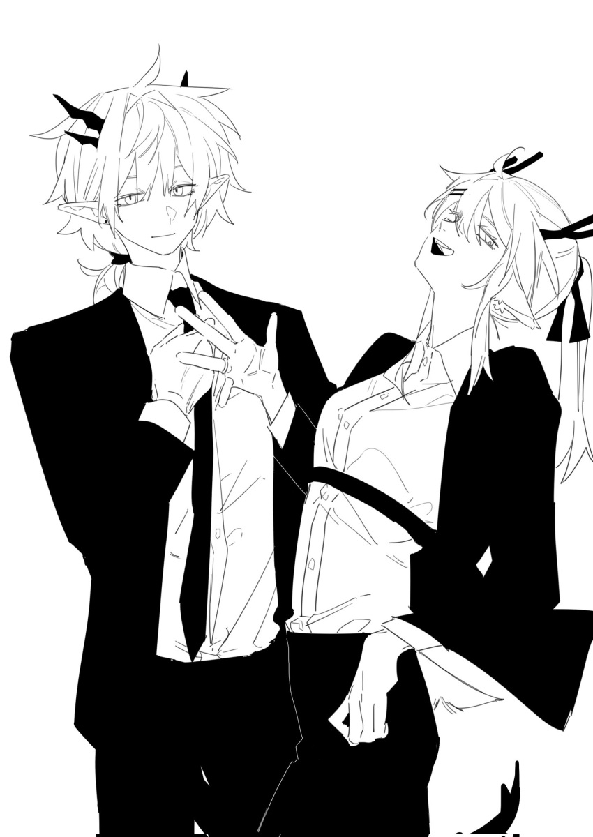 2girls adjusting_clothes adjusting_necktie alina_(arknights) animal_ears antlers arknights closed_mouth collared_shirt commentary corrupted_twitter_file deer_antlers deer_ears deer_tail formal greyscale hair_ribbon highres horns jacket jewelry laughing long_hair long_sleeves looking_at_viewer molu_stranger monochrome multiple_girls necktie open_mouth pants pointy_ears ponytail ribbon ring shirt smile suit_jacket tail talulah_(arknights)