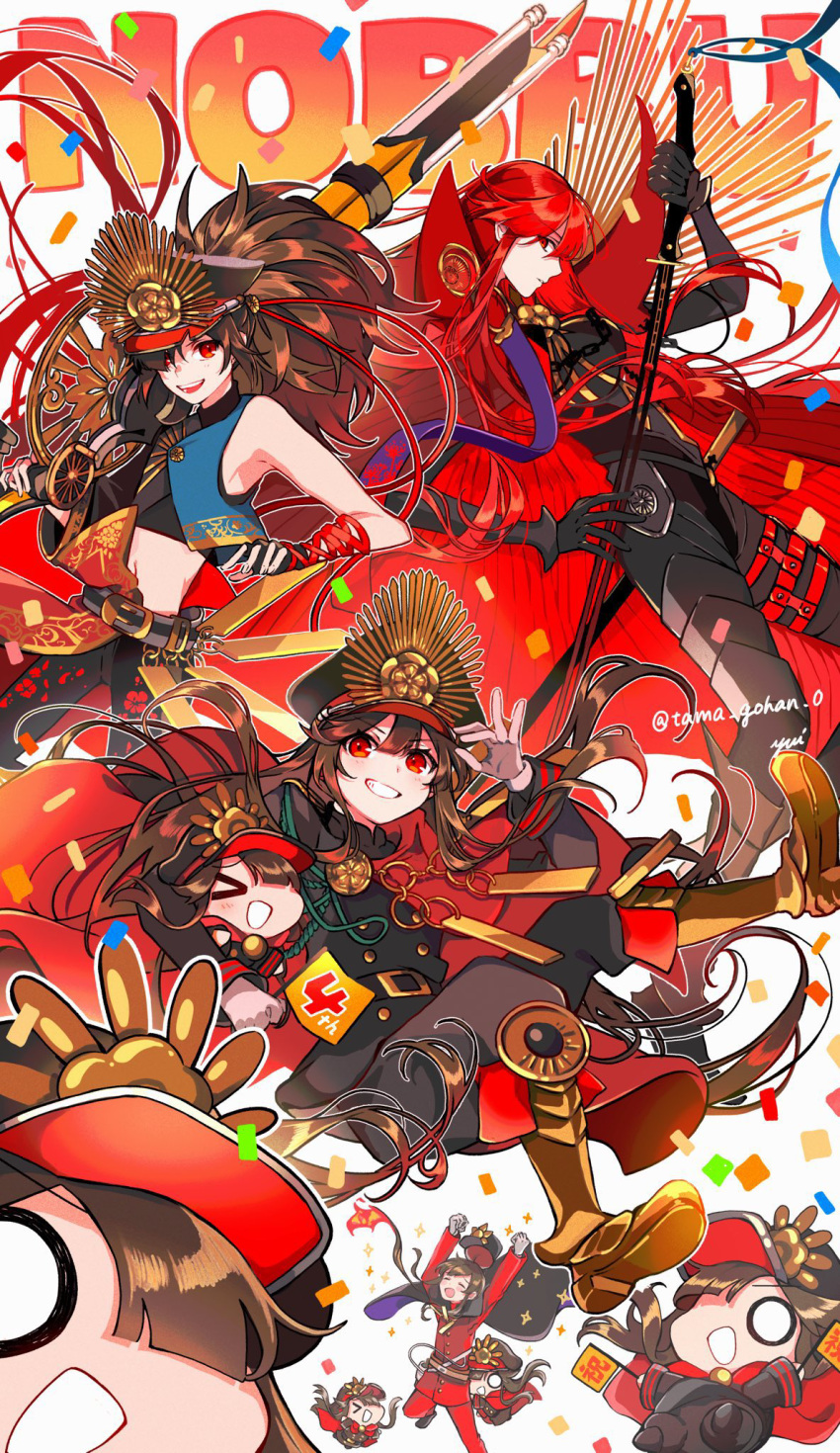 1boy 2boys 2girls antique_firearm armored_boots arquebus asymmetrical_clothes black_bodysuit black_cape black_hair bodysuit boots breasts brother_and_sister cape chain collared_cape family_crest fate/grand_order fate_(series) fiery_hair gloves gun hair_between_eyes hair_over_one_eye hat highres holding jacket large_breasts letterman_jacket long_hair long_sleeves looking_at_viewer low_ponytail medallion military_hat mini_nobu_(fate) multiple_boys multiple_girls multiple_persona musket oda_kippoushi_(fate) oda_nobukatsu_(fate) oda_nobunaga_(fate) oda_nobunaga_(koha-ace) oda_nobunaga_(maou_avenger)_(fate) oda_uri open_mouth pants peaked_cap ponytail popped_collar red_cape red_eyes redhead shako_cap shirt siblings single_sleeve smile solo sword tight_top twitter_username very_long_hair weapon yui_(tamagohan)