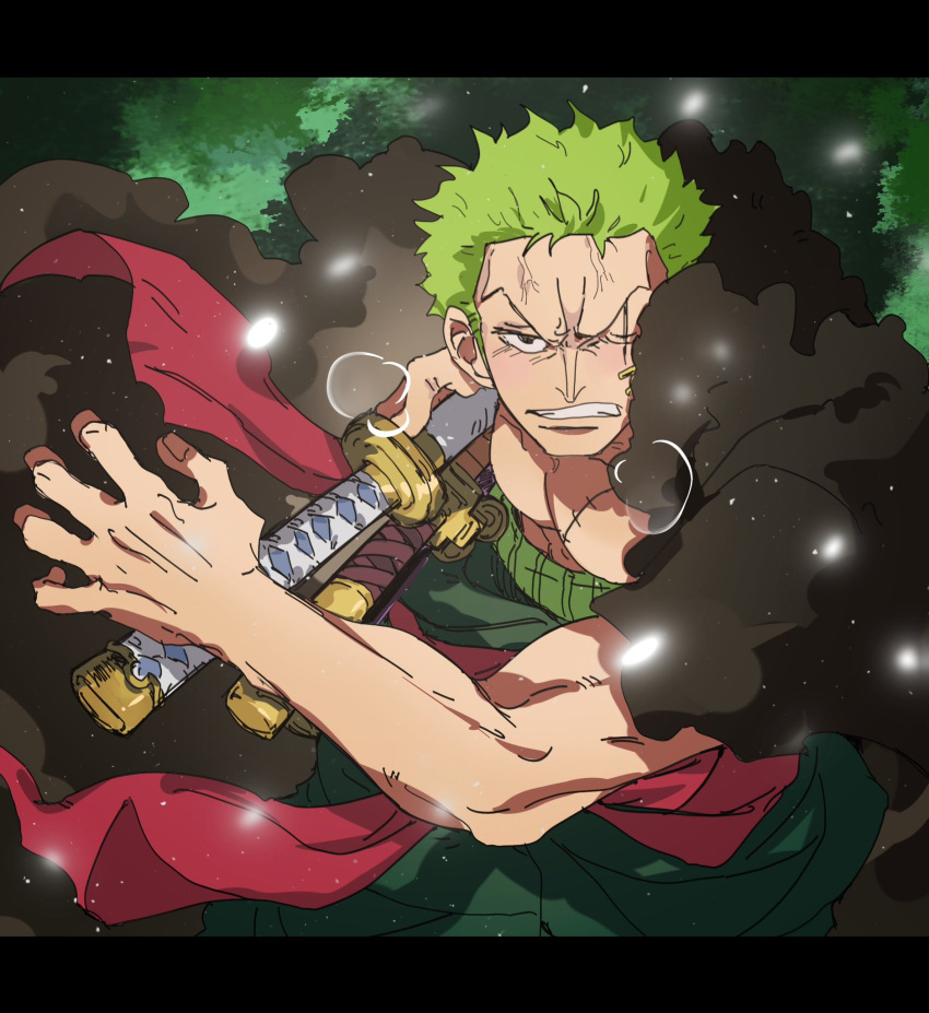 1boy brown_coat clenched_teeth coat commentary_request floating_clothes from_above fur_coat green_hair green_kimono haramaki highres holding holding_sword holding_weapon incoming_attack japanese_clothes kimono letterboxed male_focus mrjieshisu one_piece red_sash roronoa_zoro sash scar scar_across_eye short_hair sideburns smoke solo sword teeth v-shaped_eyebrows weapon
