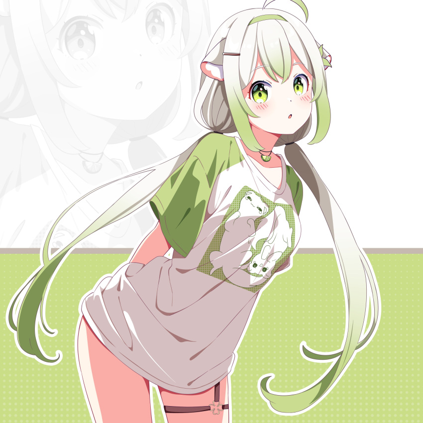 1girl absurdres ahoge animal_ears arms_behind_back blush ferret_ears ferret_girl food fruit gradient_hair green_eyes green_hair green_ribbon hair_ornament hair_ribbon hairclip highres laimu_(vtuber) lime_(fruit) lime_necklace lime_slice long_hair long_shirt looking_at_viewer low_twintails multicolored_hair open_mouth print_shirt ribbon rojogarnina shirt short_sleeves solo thigh_strap twintails vinesauce virtual_youtuber white_hair
