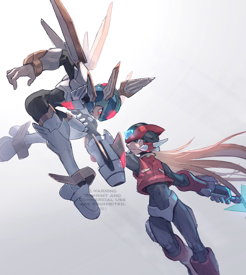 2boys android arm_cannon armor battle black_bodysuit black_eyes blonde_hair blue_helmet bodysuit bodysuit_under_clothes boots clenched_teeth copy_x_(mega_man) crop_top energy_sword forehead_jewel glowing glowing_eyes highres holding holding_sword holding_weapon long_hair mechanical_wings mega_man_(series) mega_man_zero_(series) multiple_boys red_eyes red_footwear red_helmet red_shirt shirt simple_background sword tanaka_(is2_p) teeth thigh_boots weapon white_background white_footwear wings z_saber zero(z)_(mega_man) zero_(mega_man)
