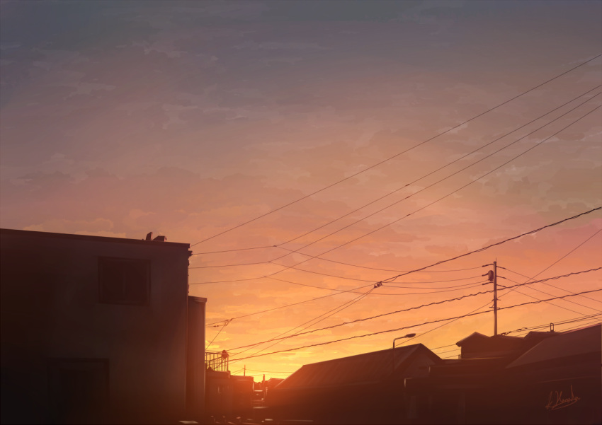 alu.m_(alpcmas) balcony building clouds cloudy_sky commentary_request evening house lamppost no_humans original power_lines railing rooftop scenery signature silhouette sky sunset utility_pole