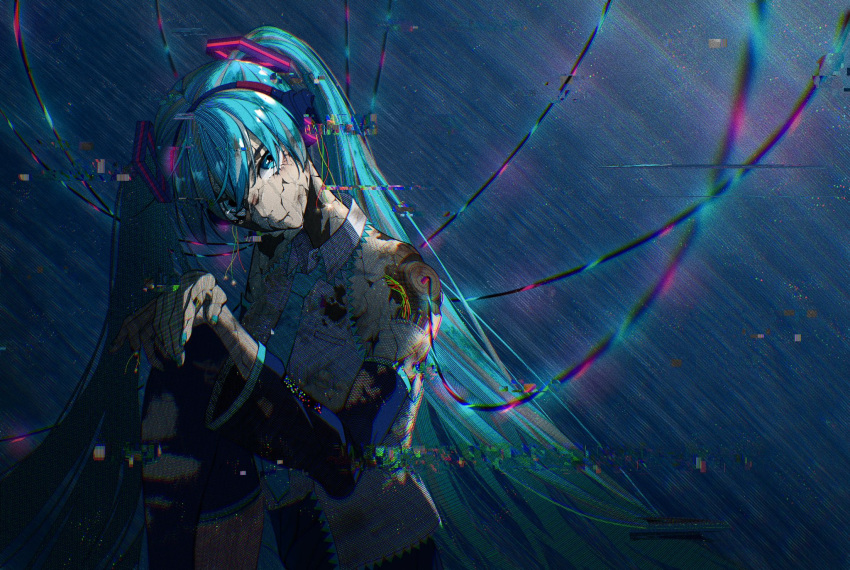1girl android aqua_eyes aqua_hair aqua_necktie barcode black_skirt black_thighhighs cable collared_shirt damaged detached_sleeves discover5 glitch hatsune_miku head_tilt headphones highres knee_up long_hair looking_at_viewer necktie own_hands_together parted_lips shirt sitting skirt sleeveless sleeveless_shirt solo thigh-highs twintails vocaloid white_shirt