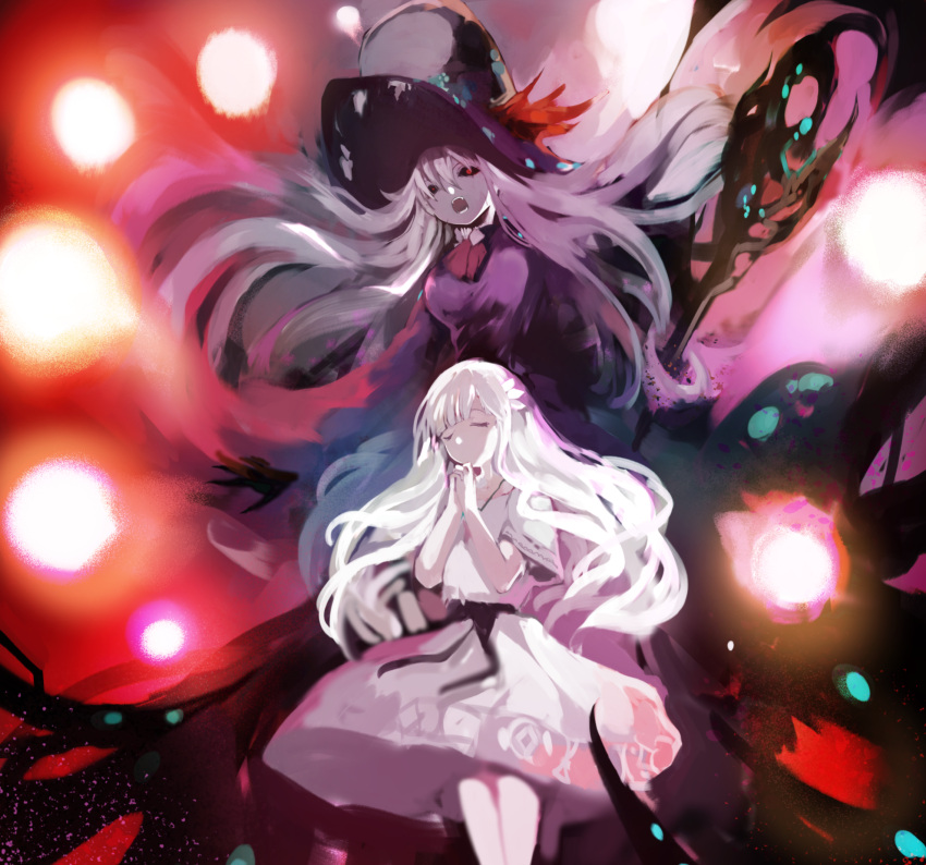 2girls attack black_sclera closed_eyes colored_sclera dark_witch_eleine dress ender_lilies_quietus_of_the_knights grey_hair hat highres holding holding_staff kakuwashi lily_(ender_lilies) long_hair magic multiple_girls open_mouth own_hands_clasped own_hands_together purple_dress purple_hat red_eyes sketch staff white_dress white_hair witch witch_hat