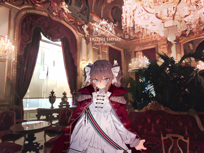1girl aristocratic_clothes blue_eyes blush brown_hair chair chandelier coat cowboy_shot curtains desk dress epaulettes girls_frontline hair_ribbon highres indoors long_sleeves looking_at_viewer open_clothes open_coat puffy_long_sleeves puffy_sleeves red_coat ribbon solo soukou_makura standing two_side_up webley_(girls'_frontline) white_dress white_ribbon window