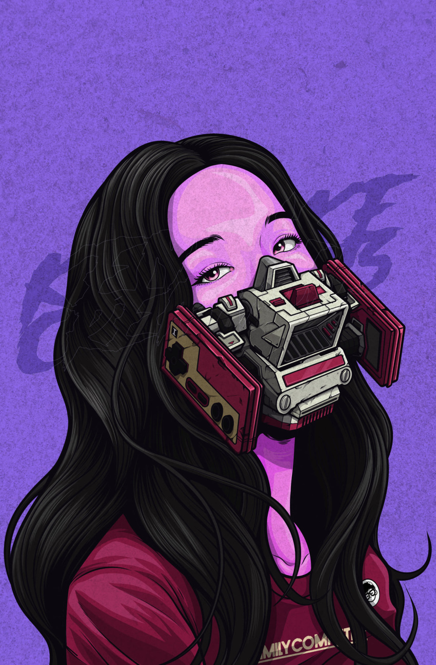 1girl black_hair blackpink commentary eyelashes famicom famicom_gamepad forehead game_console highres jisoo_(blackpink) kensuke_creations long_hair mask mouth_mask pin pink_eyes portrait purple_background real_life red_shirt shirt solo wavy_hair
