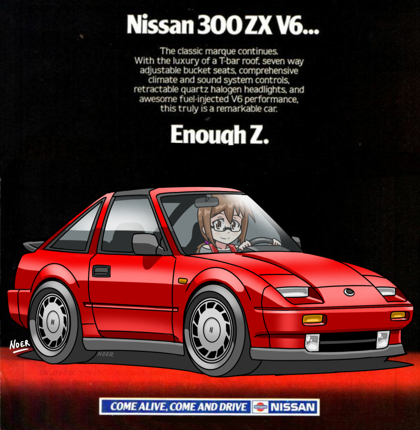 1girl ad blush brown_eyes brown_hair car collarbone driving english_text glasses grey_shirt highres looking_at_viewer low_ponytail motor_vehicle nissan nissan_300zx nissan_300zx_(z31) nissan_fairlady_z noerartworks off_shoulder original red_car shadow shirt smile solo sports_car vehicle_focus vehicle_name