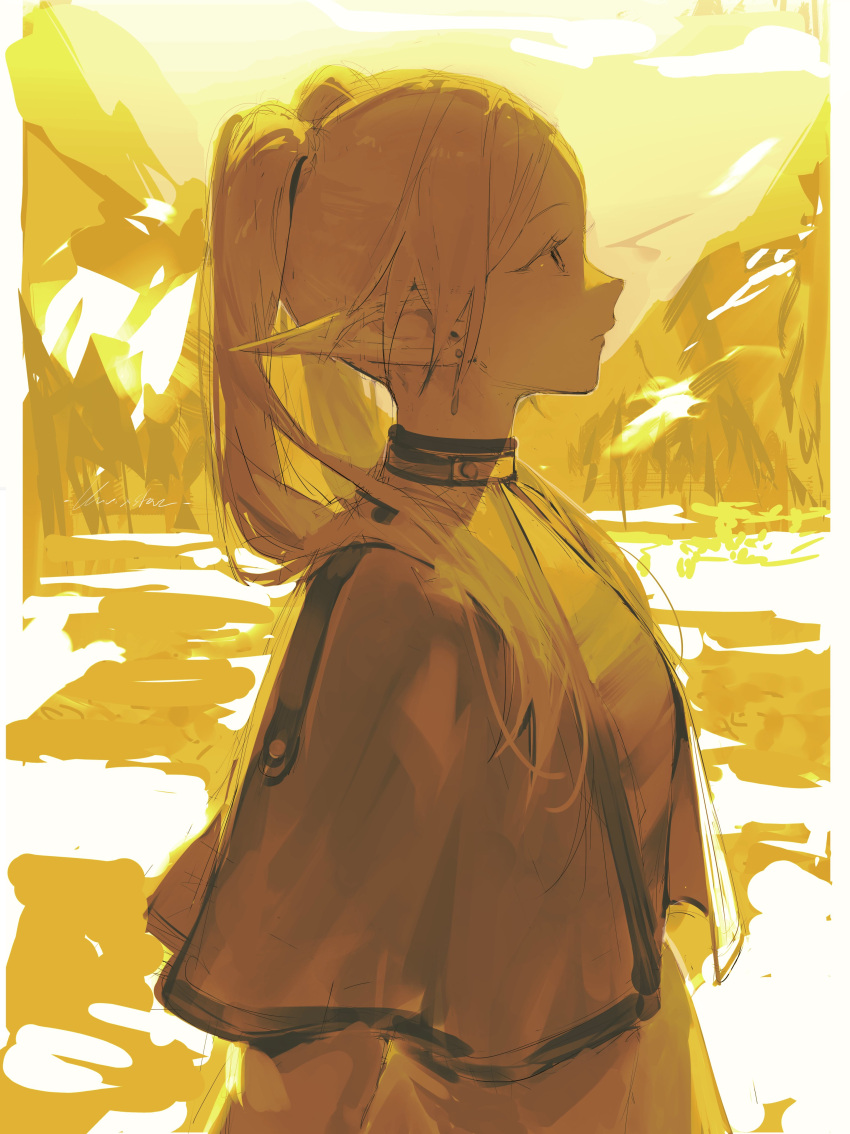 1girl absurdres capelet closed_mouth commentary dress earrings elf frieren from_side highres jewelry long_hair long_sleeves mountain outdoors pointy_ears profile signature solo sousou_no_frieren twintails upper_body vivixstar yellow_theme
