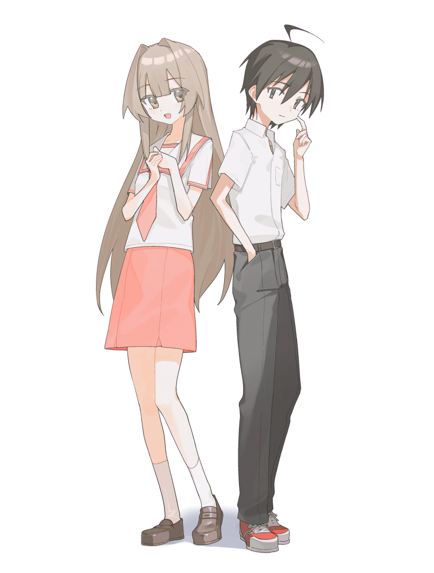 1boy 1girl :d absurdres ahoge alt_text bare_legs belt blunt_bangs blush breasts brown_belt brown_eyes brown_footwear brown_hair closed_mouth collarbone collared_shirt commentary_request dot_nose double-parted_bangs eyes_visible_through_hair finger_to_cheek from_side full_body grey_eyes grey_pants hair_between_eyes hair_intakes hand_in_pocket hand_up hands_up head_tilt highres kurobeko_(kur0bek0) light_brown_hair loafers long_hair looking_at_viewer looking_to_the_side michishio_nagasumi necktie open_collar open_mouth own_hands_together pants pink_necktie pink_skirt pink_trim raised_eyebrows red_footwear sailor_collar school_uniform serafuku seto_no_hanayome seto_san shirt shirt_tucked_in shoes short_hair short_sleeves sidelocks sideways_glance simple_background skirt small_breasts smile sneakers socks standing thick_eyelashes three_quarter_view turning_head very_long_hair white_background white_sailor_collar white_shirt white_socks