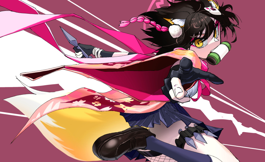 1girl animal_ear_fluff animal_ears black_gloves blue_archive eyeshadow fishnet_thighhighs fishnets fox_ears fox_girl fox_hair_ornament fox_tail gloves hair_ornament halo highres holding holding_knife izuna_(blue_archive) japanese_clothes kimono knife kunai loafers looking_at_viewer makeup mouth_hold nasipeuran partially_fingerless_gloves pink_eyeshadow pink_halo pink_scarf pom_pom_(clothes) pom_pom_hair_ornament print_kimono reverse_grip scarf scroll shoes single_thighhigh slit_pupils tail thigh-highs thigh_strap weapon