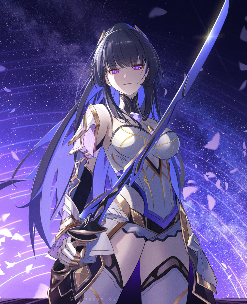 1girl armor armored_boots armored_dress armored_gloves bare_shoulders black_hair blue_pupils blush boots breasts chest_jewel collar colored_inner_hair cowboy_shot diffraction_spikes dot_nose galaxy hair_ornament highres holding holding_sword holding_weapon honkai_(series) honkai_impact_3rd katana kuma_(kumasan_82) light_particles light_rays light_smile long_hair long_sword looking_at_viewer milky_way multicolored_hair purple_theme raiden_mei raiden_mei_(herrscher_of_origin) sidelocks sky solo space star_(sky) star_trail starry_background starry_sky sword twitter_username two-tone_hair upper_body very_long_hair violet_eyes weapon white_hair