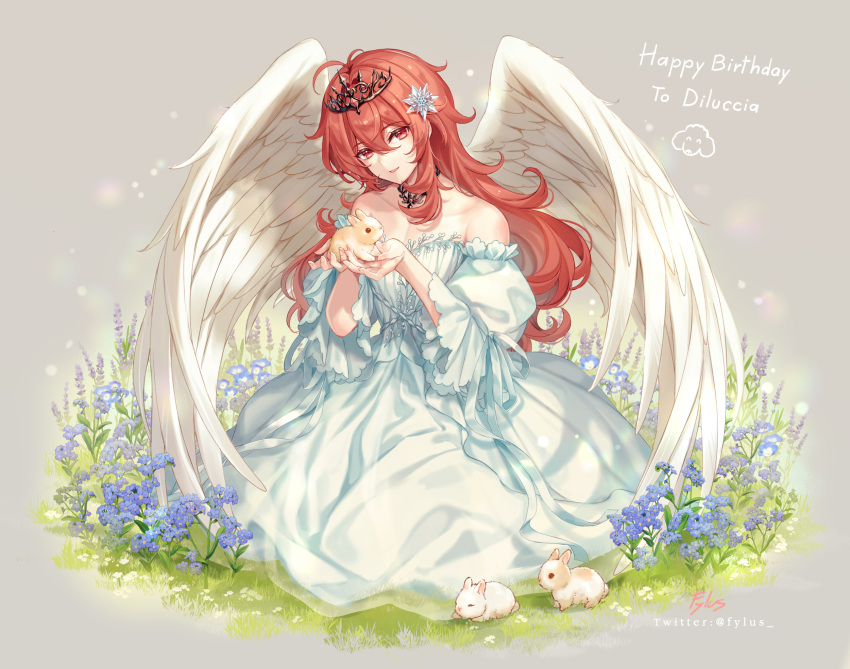 1boy angel_wings diluc_(genshin_impact) dress flower fylus genshin_impact grass grey_background hair_between_eyes highres long_hair long_sleeves male_focus on_grass open_mouth otoko_no_ko rabbit red_eyes redhead simple_background smile solo white_dress wings