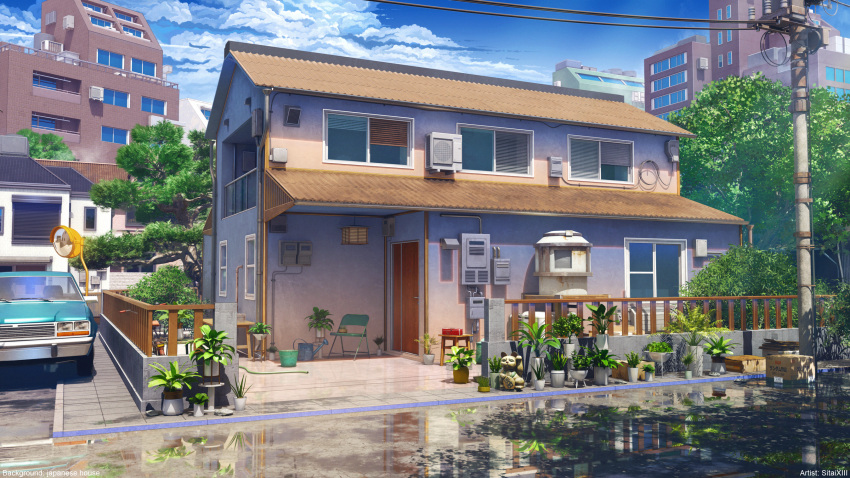 air_conditioner apartment blue_sky building cable car clouds cloudy_sky commentary_request day door highres house japan mirror motor_vehicle no_humans original outdoors plant power_lines puddle reflection reflective_water scenery sitai_xiii sky traffic_mirror utility_pole window