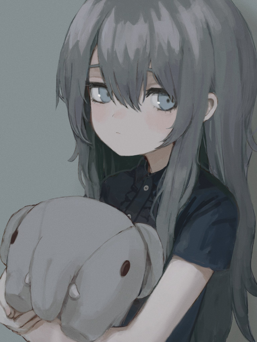 1girl black_shirt collared_shirt expressionless fuyuishi grey_background grey_eyes highres muted_color original shirt short_sleeves simple_background solo stuffed_animal stuffed_toy upper_body