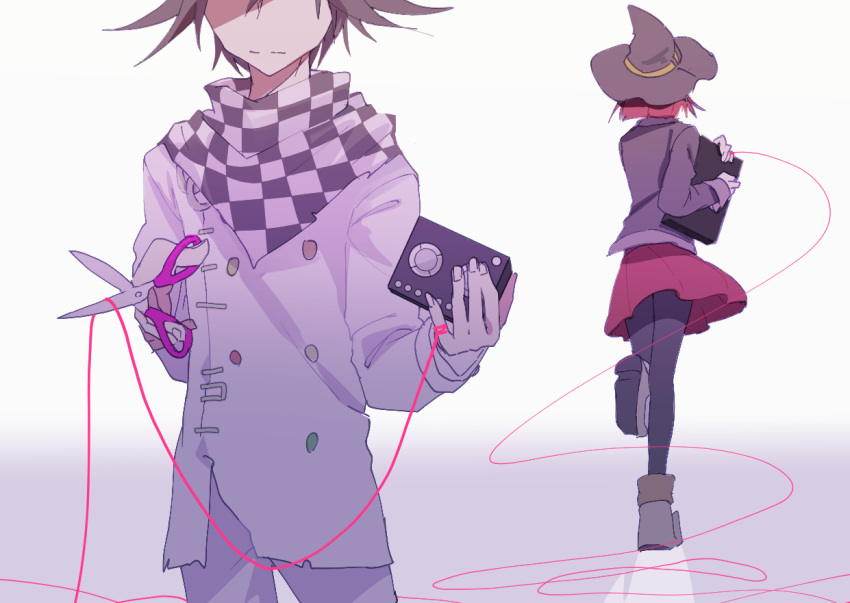 1boy 1girl arm_belt belt black_hat black_jacket black_pantyhose black_scarf black_sleeves blazer blunt_ends boots brown_footwear buttons cassette_player checkered_clothes checkered_scarf closed_mouth commentary_request cowboy_shot danganronpa_(series) danganronpa_v3:_killing_harmony double-breasted fingernails from_behind full_body hair_between_eyes hat hat_belt holding holding_scissors holding_tablet_pc jacket layered_sleeves long_sleeves miniskirt multicolored_buttons nagichiro oma_kokichi pantyhose pleated_skirt pointy_footwear purple_hair red_skirt redhead running scarf scissors shadow short_hair simple_background skirt string string_around_finger string_of_fate tablet_pc torn_clothes torn_jacket two-tone_scarf white_background white_belt white_jacket white_scarf white_sleeves witch_hat yellow_belt yumeno_himiko