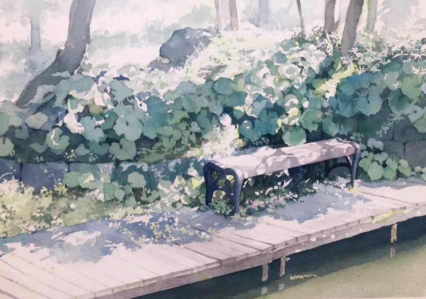 bench day grass highres no_humans original plant platform scenery shadow sunlight toyonaga_ryouhei tree water