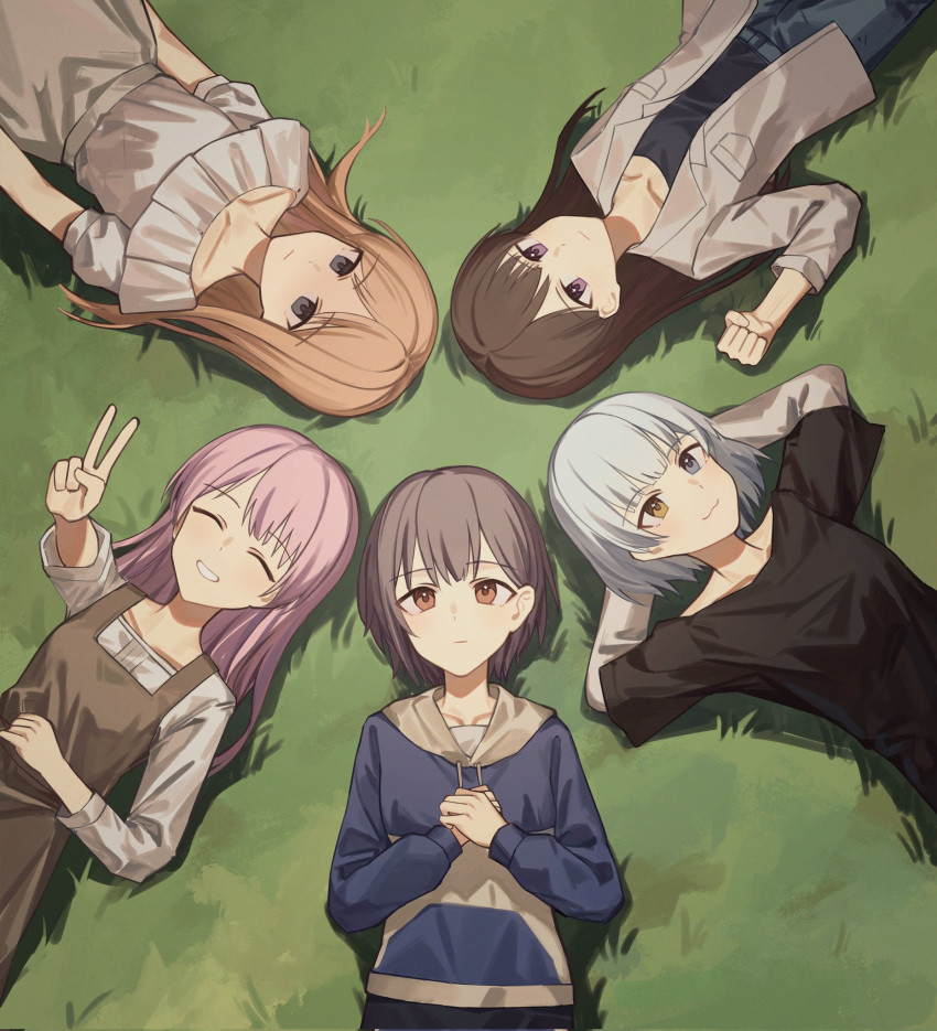 5girls :3 bang_dream! bang_dream!_it's_mygo!!!!! black_shirt blue_eyes blue_hoodie brown_dress brown_hair chihaya_anon closed_eyes closed_mouth commentary drawstring dress expressionless from_above grass grey_eyes grey_hair grey_skirt hashtag-only_commentary heterochromia highres hood hoodie kaname_raana layered_sleeves long_hair long_sleeves lu_guan lying multiple_girls mygo!!!!!_(bang_dream!) nagasaki_soyo on_back open_clothes open_shirt outdoors pinafore_dress pink_hair red_eyes shiina_taki shirt short_hair short_over_long_sleeves short_sleeves skirt sleeveless sleeveless_dress takamatsu_tomori two-tone_hoodie v violet_eyes white_hair white_hoodie white_shirt yellow_eyes