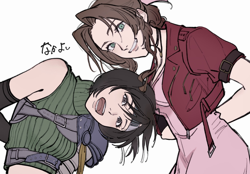 2girls aerith_gainsborough armor arms_behind_back black_gloves black_hair braid braided_ponytail breasts brown_hair chest_strap choker crop_top cropped_jacket dress elbow_gloves final_fantasy final_fantasy_vii final_fantasy_vii_rebirth final_fantasy_vii_remake gloves green_eyes green_shirt grey_eyes grin hair_between_eyes hair_ribbon headband highres jacket long_hair looking_at_viewer medium_breasts midriff multiple_girls open_mouth parted_bangs pink_dress pink_ribbon red_jacket ribbon sanuki_uudon3 shirt short_hair short_sleeves shoulder_armor sidelocks single_bare_shoulder single_braid single_shoulder_pad sleeveless sleeveless_turtleneck smile teeth turtleneck upper_body wavy_hair white_background yellow_ribbon yuffie_kisaragi