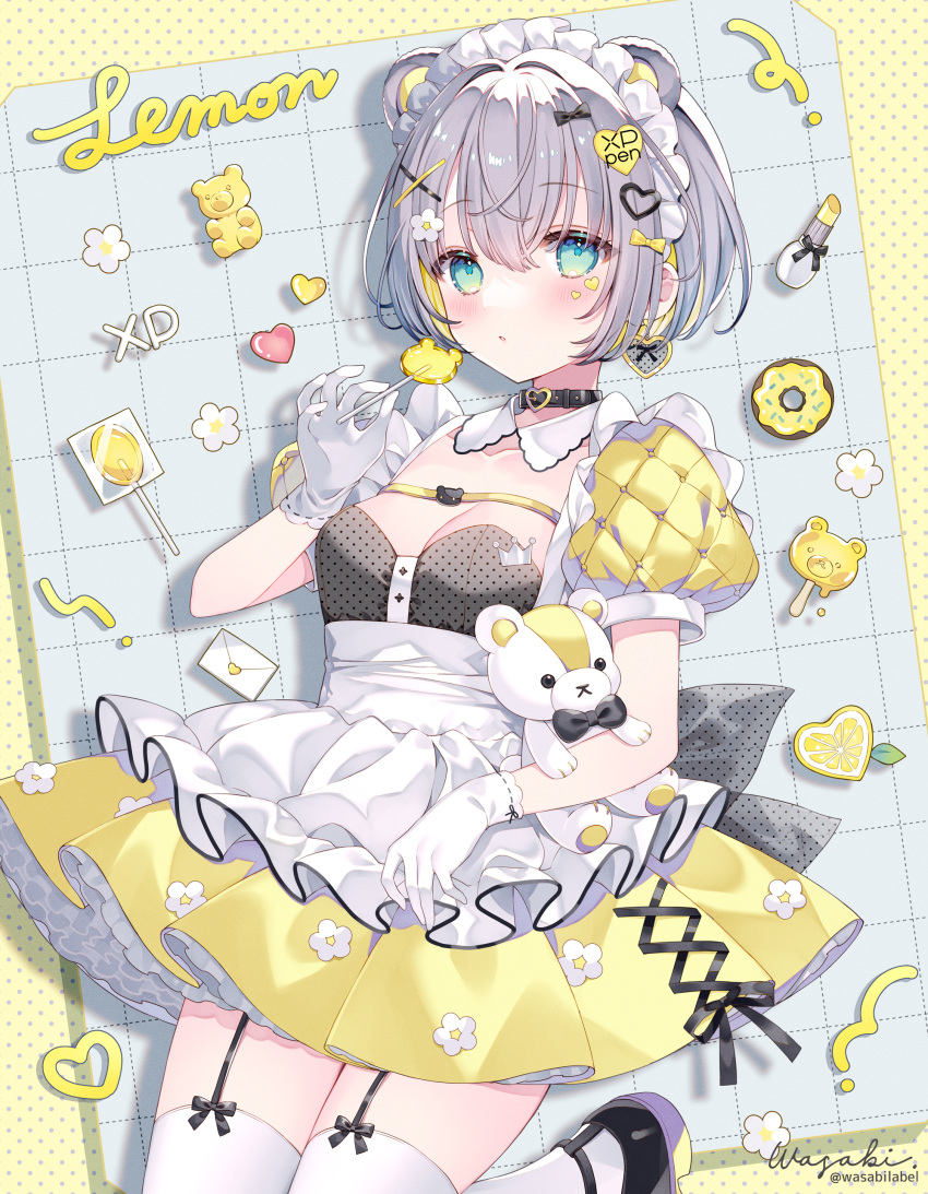 1gril absurdres apron aqua_eyes black_bow black_choker bow candy choker cleavage_cutout clothing_cutout collarbone dress eating floating flower food frilled_dress frills full_body gloves grey_hair heart highres jumping lipstick lollipop looking_at_viewer maid_apron makeup original short_hair short_sleeves simple_background solo star-shaped_pupils star_(symbol) stuffed_toy symbol-shaped_pupils tachi-e thigh-highs wasabi_(sekai) white_apron white_gloves white_thighhighs zettai_ryouiki