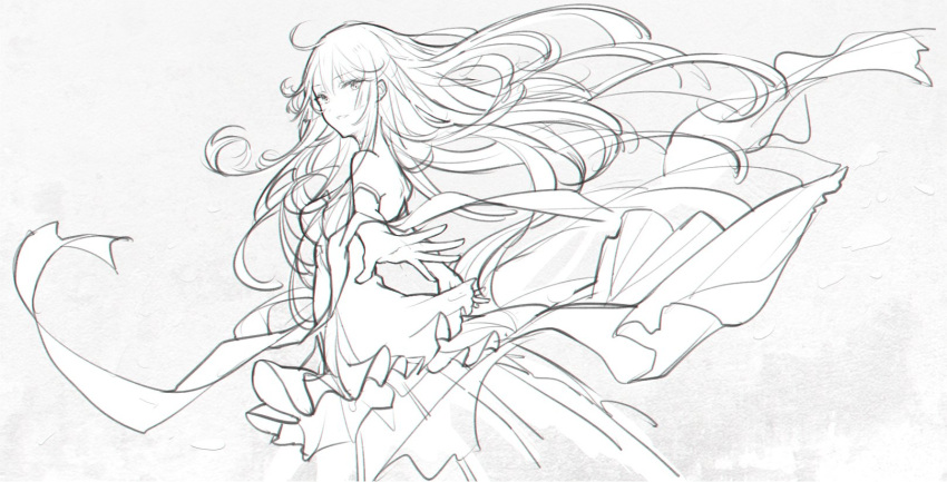 1girl bai_qi-qsr bare_shoulders beckoning character_request commentary copyright_request cowboy_shot dress fingernails frilled_dress frills from_side grey_background greyscale hair_lift highres long_dress long_hair long_sleeves looking_at_viewer monochrome outstretched_arm parted_lips simple_background solo wide_sleeves wind wind_lift
