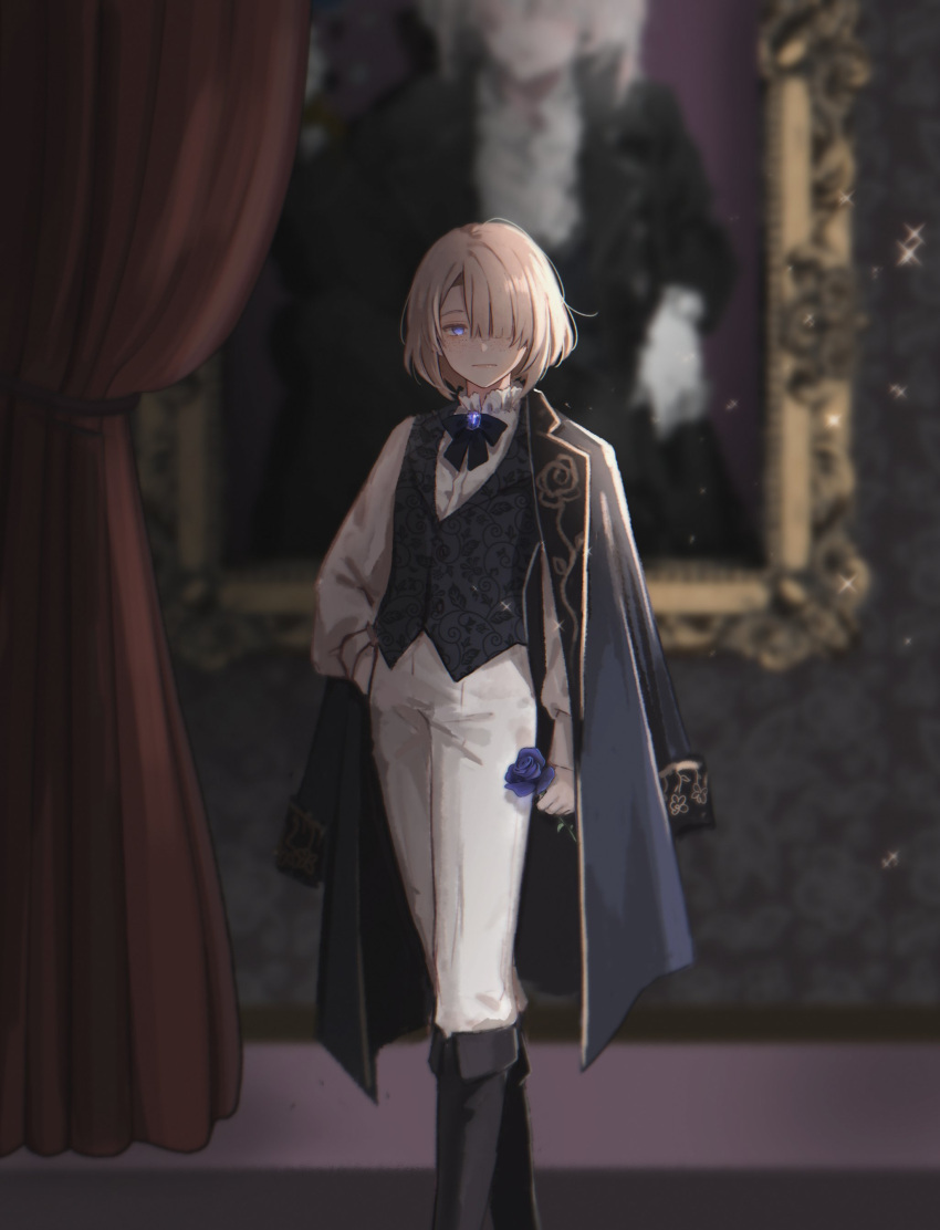 1boy absurdres blonde_hair blue_eyes blue_flower blue_rose blurry blurry_background boots bow bowtie closed_mouth dress_pants flower formal freminet_(genshin_impact) genshin_impact hair_over_one_eye highres jacket jacket_partially_removed knee_boots male_focus pants pers_thepenguin portrait_(object) rose short_hair solo white_pants