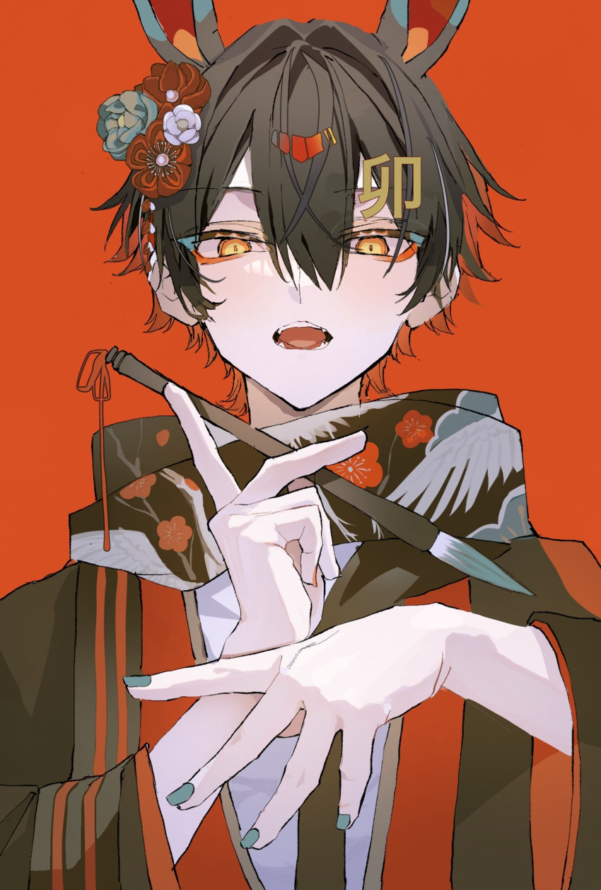 1boy animal_ears black_hair black_kimono chinese_text flower hair_between_eyes hair_flower hair_ornament hairpin hands_up highres holding holding_brush japanese_clothes kimono looking_at_viewer male_focus multicolored_hair nail_polish nengajou new_year orange_eyes original parted_lips portrait red_background sakusya2honda scarf short_hair simple_background solo teeth two-tone_hair