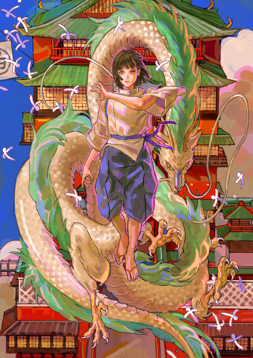 1boy absurdres architecture blue_sky blunt_bangs brown_hair building clouds collared_shirt dragon dual_persona east_asian_architecture eastern_dragon floating full_body hakama hakama_pants haku_(sen_to_chihiro_no_kamikakushi) helium_raven highres japanese_clothes looking_at_viewer male_focus midair outdoors pants paper_doll purple_pants purple_ribbon ribbon sandals scales sen_to_chihiro_no_kamikakushi shirt short_hair sky straight-on white_shirt wide_sleeves yellow_eyes