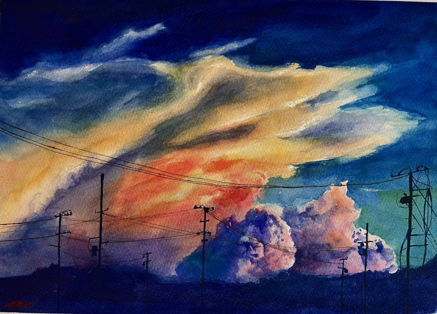 blue_sky clouds cloudy_sky highres no_humans original painting_(medium) power_lines scenery shibakaka sky sky_focus traditional_media utility_pole watercolor_(medium)
