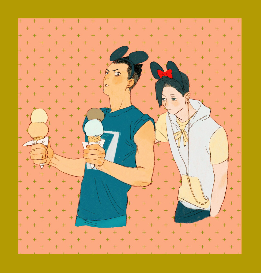 2boys black_eyes black_hair blue_pants blue_shirt character_request chengongzi123 commentary cropped_legs disney earphones earphones food grey_hoodie haikyuu!! hands_up highres holding holding_food holding_ice_cream hood hood_down hoodie ice_cream ice_cream_cone looking_at_another male_focus mickey_mouse_ears minnie_mouse_ears multiple_boys pants parted_lips pink_background shirt short_hair sleeves_pushed_up symbol-only_commentary undercut very_short_hair