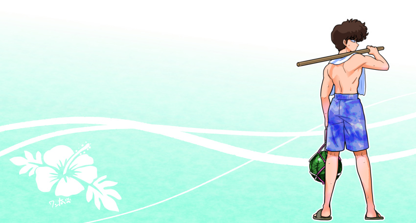 1boy bare_back blue_shorts bokken brown_footwear brown_hair floral_background food from_behind fruit highres holding holding_sword holding_watermelon holding_weapon kunou_tatewaki looking_to_the_side ranma_1/2 sandals short_hair shorts signature sweat sweatdrop sword towel towel_around_neck wanta_(futoshi) watermelon weapon wooden_sword