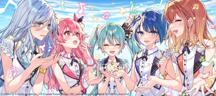 5girls :d ^_^ beamed_eighth_notes beamed_sixteenth_notes blue_eyes blue_hair blue_sky blush brown_hair closed_eyes clouds cloudy_sky collared_shirt commentary_request day dress_shirt eighth_note grey_hair hair_between_eyes hanagata hanasato_minori hatsune_miku hinomori_shizuku kiritani_haruka long_hair mole mole_under_mouth momoi_airi more_more_jump!_(project_sekai) more_more_jump!_miku multiple_girls musical_note official_art one_side_up open_clothes open_vest outdoors pink_hair project_sekai quarter_note red_eyes shirt sky sleeveless sleeveless_shirt smile treble_clef twintails upper_body vest white_shirt white_vest