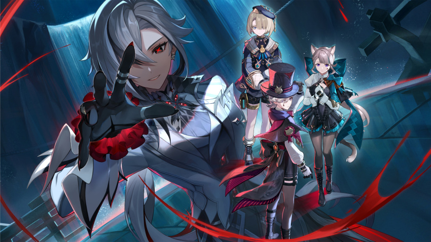 2boys 2girls animal_ears arlecchino_(genshin_impact) black_eyes black_hair bow breasts cat_ears cat_girl cat_tail coat commentary_request facial_mark freminet_(genshin_impact) full_body genshin_impact grey_hair hair_between_eyes highres long_hair long_sleeves looking_at_viewer lynette_(genshin_impact) lyney_(genshin_impact) multicolored_hair multiple_boys multiple_girls official_art red_pupils short_hair solo star_(symbol) star_facial_mark streaked_hair symbol-shaped_pupils tail violet_eyes white_hair x-shaped_pupils