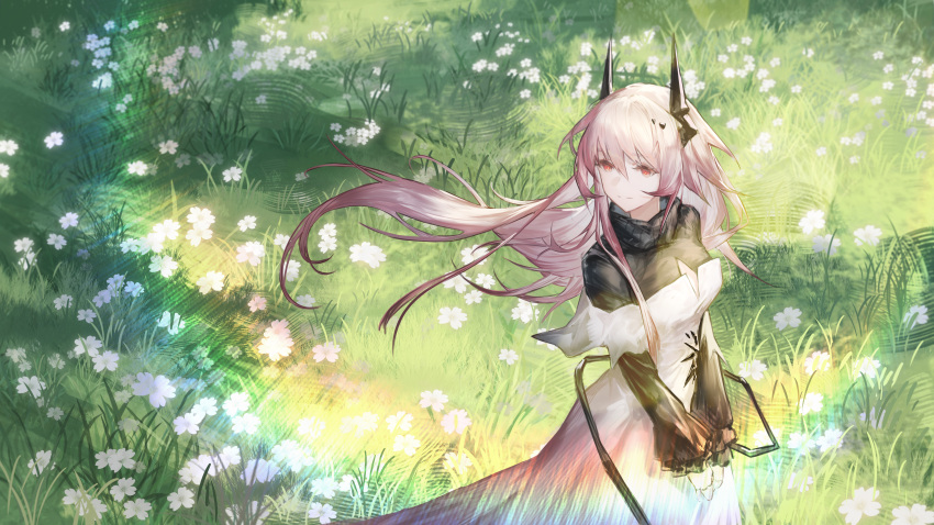 1girl absurdres arknights closed_mouth collared_dress commentary_request dress floating_hair flower grass highres horns long_hair long_sleeves looking_to_the_side pink_hair red_eyes solo standing theresa_(arknights) two-tone_dress white_dress yiyanbanshengchou