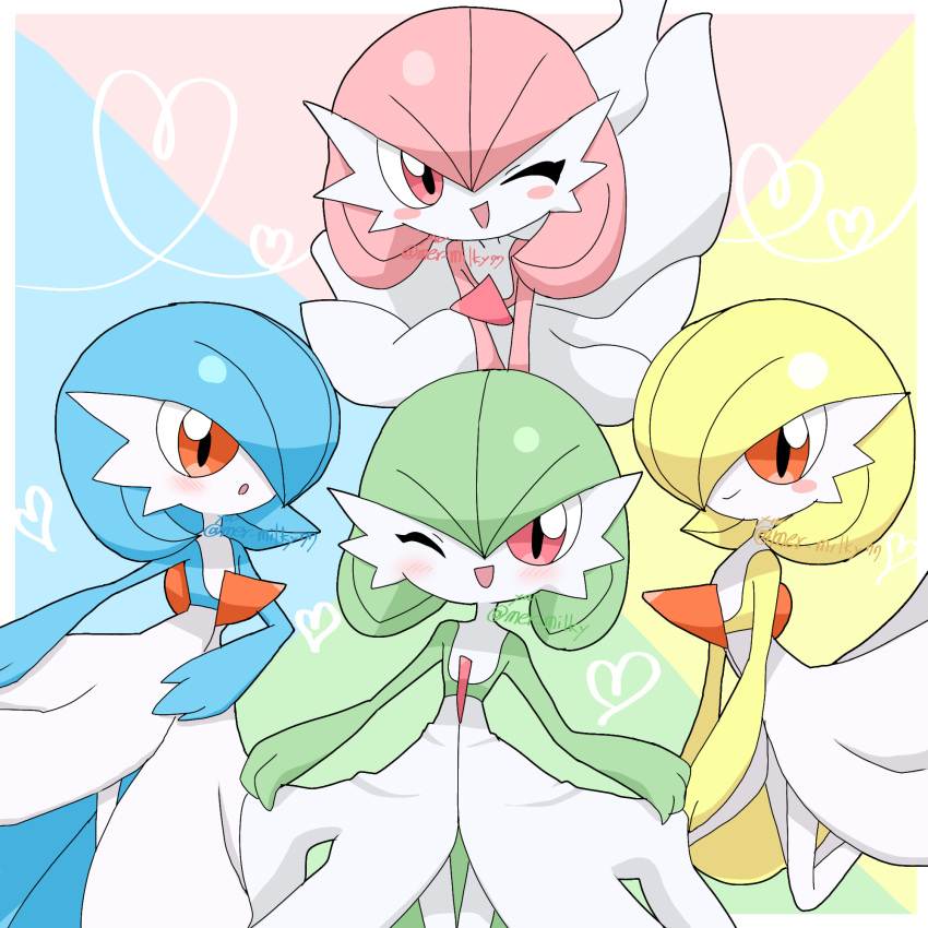 4girls alternate_color alternate_shiny_pokemon artist_name blonde_hair blue_hair blue_skin blush blush_stickers bob_cut border closed_mouth colored_skin commentary_request cowboy_shot curtsey flat_chest gardevoir green_hair green_skin hair_between_eyes hair_over_one_eye happy heart highres leaning_forward legs_together meru_(mer_milky77) multicolored_background multicolored_skin multiple_girls one_eye_closed one_eye_covered open_mouth outside_border partial_commentary pink_hair pink_skin pokemon pokemon_(creature) shiny_pokemon short_hair signature smile standing twitter_username two-tone_skin v_arms white_border white_skin yellow_skin