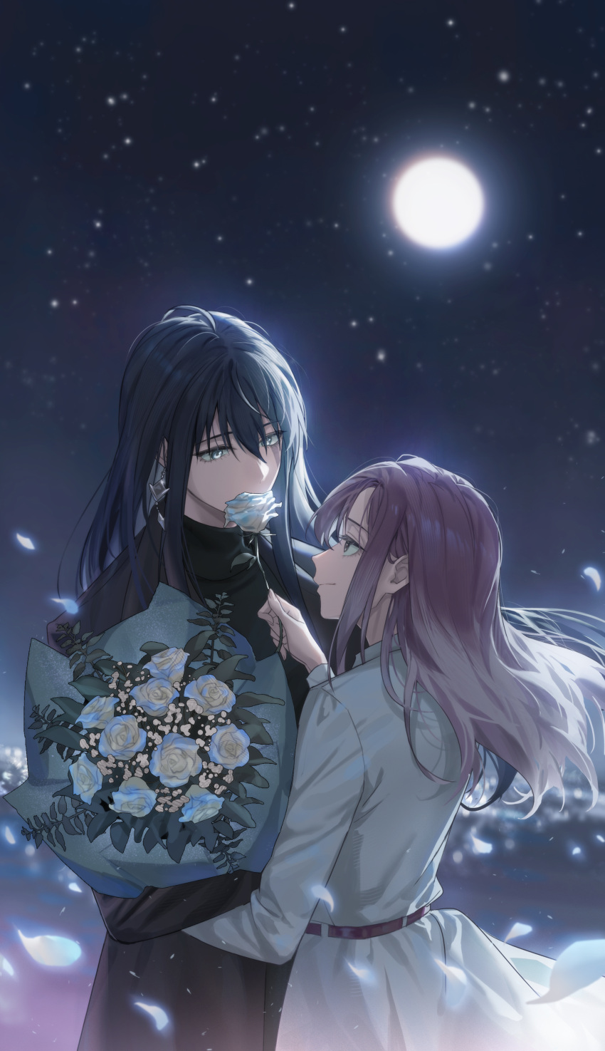 2girls absurdres black_coat black_hair black_shirt blue_eyes blue_flower blue_rose bouquet closed_mouth coat commentary earrings flower gradient_hair highres holding holding_bouquet jewelry long_hair long_sleeves looking_at_another moon multicolored_hair multiple_girls night night_sky outdoors path_to_nowhere rahu_(path_to_nowhere) redhead rekari_(rekari628) rose shalom_(path_to_nowhere) shirt sky smile upper_body white_coat white_hair yuri
