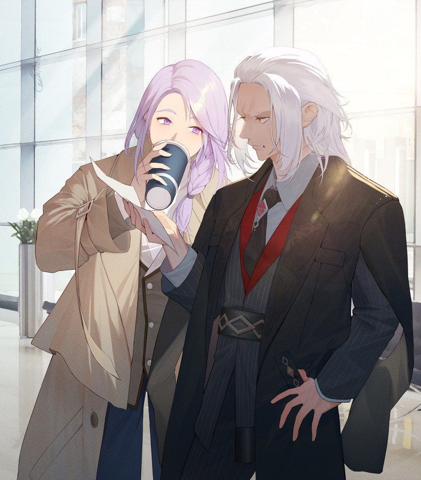 2boys black_necktie braid clenched_teeth coat coffee_cup cowboy_shot cup disposable_cup drink drinking emet-selch final_fantasy final_fantasy_xiv highres holding holding_drink holding_paper hythlodaeus looking_at_another looking_at_object male_focus medium_hair mt_(ringofive) multiple_boys necktie paper purple_hair signature suit teeth violet_eyes white_hair yellow_eyes