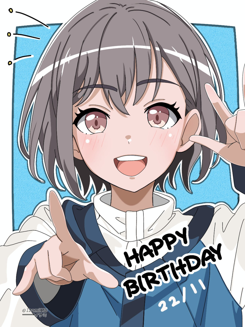 1girl artist_name bang_dream! bang_dream!_it's_mygo!!!!! blue_background blush border commentary dated english_commentary english_text grey_hair hand_up happy_birthday highres izami_md open_mouth outside_border pointing pointing_at_viewer red_eyes short_hair smile solo takamatsu_tomori teeth upper_body upper_teeth_only white_border
